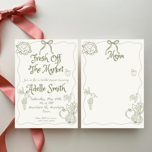 Fresh off the Market Bridal Shower Invitation Template | Editable Canva Hand Drawn Farmer&#39;s Market Wedding Shower Invite | coquette invite