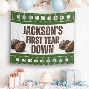first year down football banner, football birthday decor ideas, first down football birthday sign, Football 1st Bday Backdrop