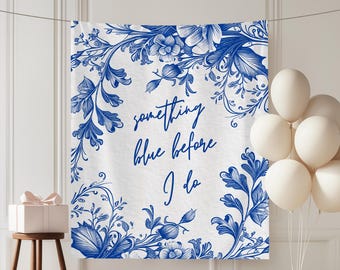 Banner de "Algo azul antes de la despedida de soltera", fondo de boda "Algo azul", decoración de despedida de soltera en azul polvoriento, letrero de bienvenida de tela para boda