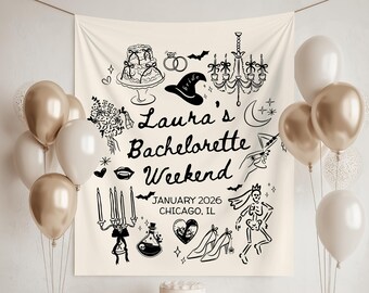 Personalized Witchy Bachelorette Party Decor, Custom Location Bachelorette Weekend Tapestry, Salem Bachelorette, Halloween Bridal Merch