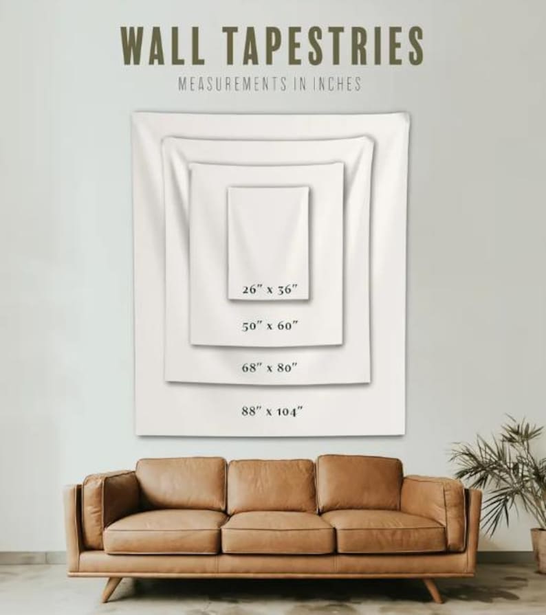 May include: Four white rectangular wall tapestries of different sizes, with measurements in inches, displayed on a white wall above a brown leather couch. The tapestries are shown in increasing size from left to right. The measurements are: 26" x 36", 50" x 60", 68" x 80", and 88" x 104".