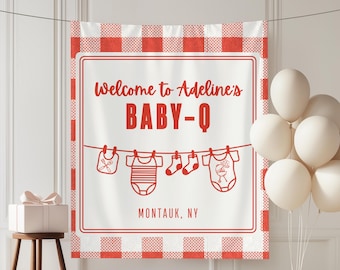 Fondo de baby shower con temática de Q, decoraciones para baby shower con costillas y baberos, revelación de género de Baby Q, señalización de baby shower con temática de barbacoa, letrero de baby shower para niña Baby Q.