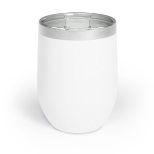 May include: A white stemless wine tumbler with a silver rim and a clear lid. The tumbler has a smooth, clean surface and a rounded base. The design is simple and modern, suitable for various beverages.