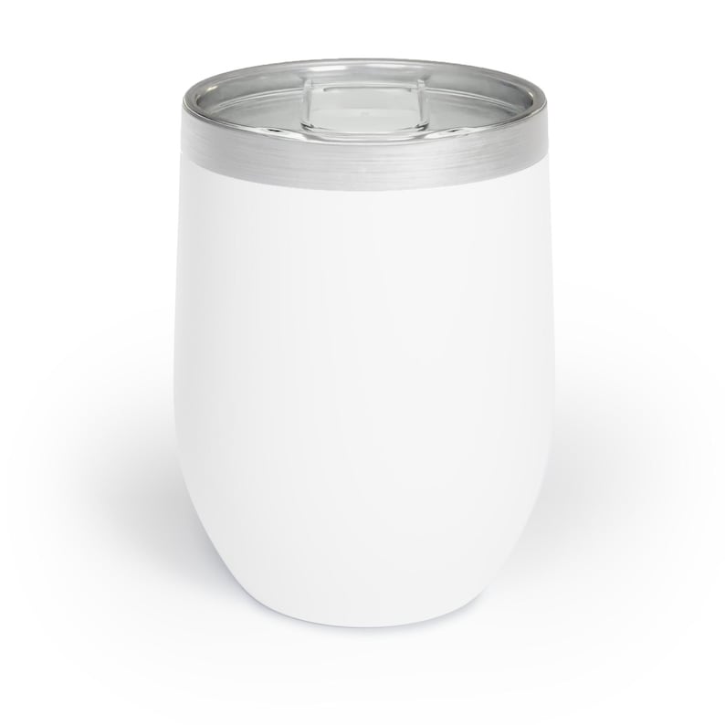 May include: A white stemless wine tumbler with a silver rim and a clear lid. The tumbler has a smooth, clean surface and a rounded base. The design is simple and modern, suitable for various beverages.