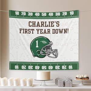 first year down football banner, football birthday decor ideas for siblings, first down football birthday sign, Football 1st Bday Backdrop