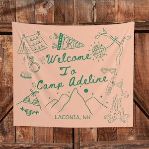 Custom Camp Bach Tapestry Personalized Camping Bachelorette Banner Decor Girls Weekend Backdrop Lake Bach Camp Birthday Party Welcome Sign