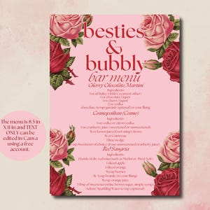 Benutzerdefiniertes Galentine'S Day Cocktailmenü-Schild| galentines Barkarte | Valentinstag Cocktails | Bearbeitbarer Signature Cocktail| Valentinstag Getränkekarte