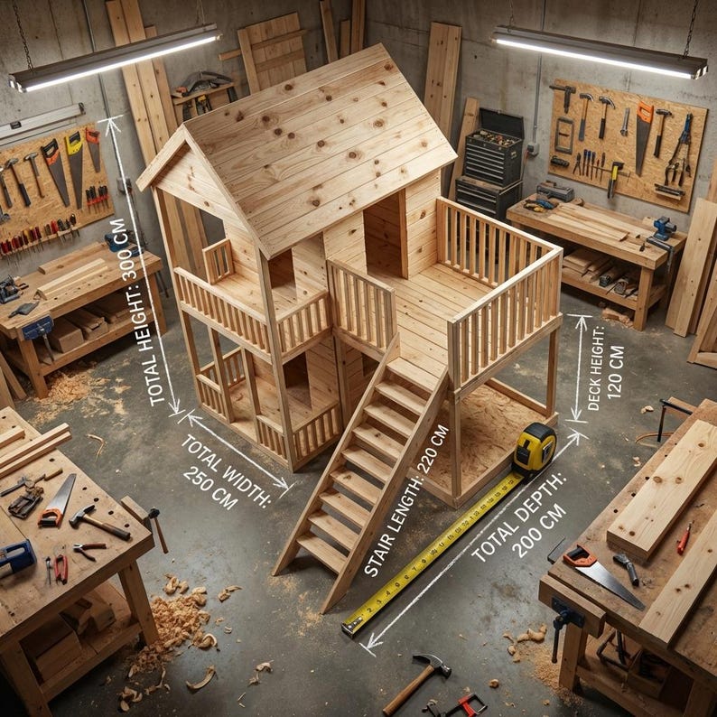 DIY DIY Playhouse Plans: 2-Story Elevated Kids Clubhouse, Backyard Fort Playground (PDF Download) Woodworking Blueprint - Step-by-Step Plan thumbnail 5