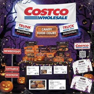 May include: A promotional image for Costco's Halloween event, featuring a display of candy and snacks. The scene is decorated with pumpkins, spiderwebs, and signs for 'Trunk or Treat' and 'Candy Food Court'. The Costco Wholesale logo is prominently displayed.