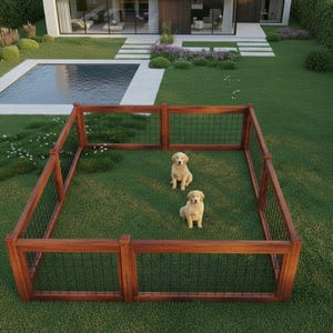 Puede incluir: Dos cachorros de golden retriever sentados dentro de un parque para perros de madera con malla de alambre negra. El parque está en un jardín con piscina y una casa moderna al fondo.