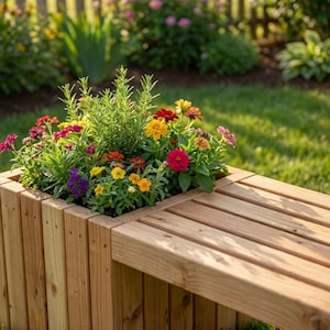 May include: A wooden planter box with a built-in bench, filled with colorful zinnias and other flowers. The bench and planter are made of light-colored wood, set in a sunny garden with green grass and a wooden fence in the background.