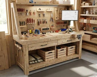 May include: A large, light-colored wooden workbench with a pegboard back, displaying various tools. The workbench has drawers, storage crates, and a vise. A computer monitor is mounted on the right side. The workshop is well-lit.