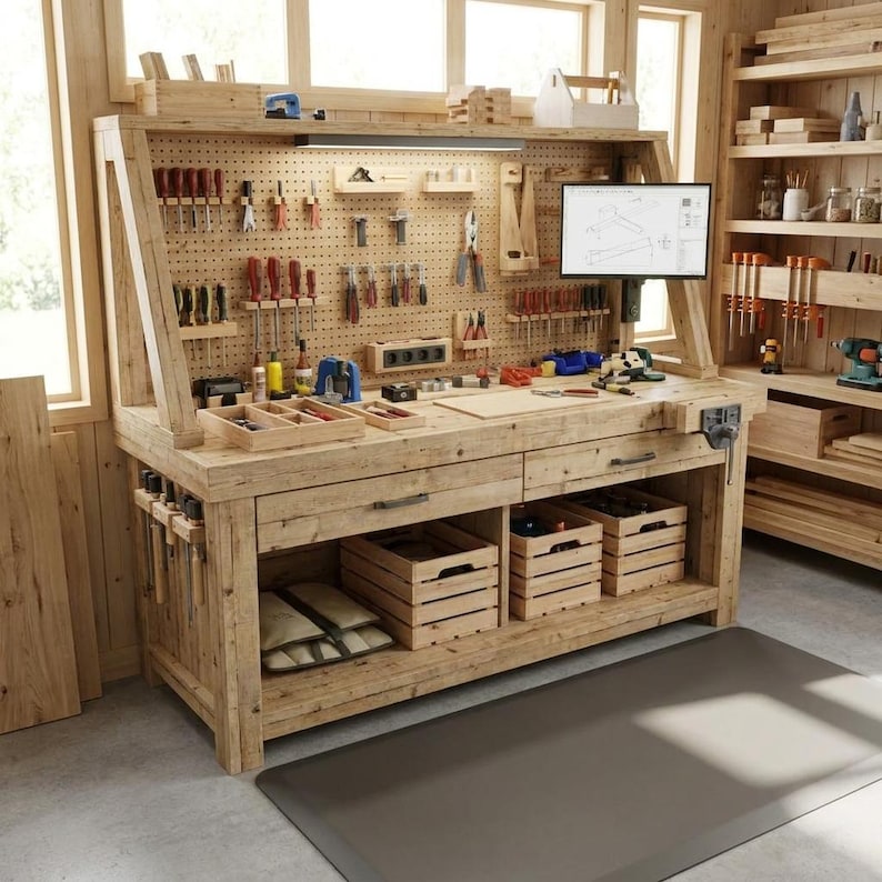 DIY Heavy Duty Workbench Plans | Shelves, Pegboard, Mobile Craft Table (PDF Download) Woodworking Blueprint - Step-by-Step Plan thumbnail 1