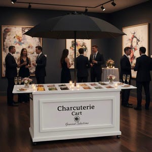 Peut inclure: Un chariot à charcuterie blanc avec un parasol noir, dans une pièce avec des œuvres d'art et des personnes. Le chariot a des compartiments alimentaires, des bougies et le texte "Charcuterie Cart Gourmet Selections".