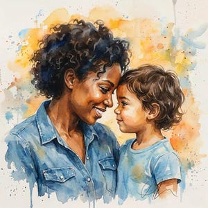 May include: Watercolour painting of a smiling person and a child, faces close together. The person wears a blue denim shirt, and the child wears a blue t-shirt. The background features orange, yellow, and blue watercolour splashes.