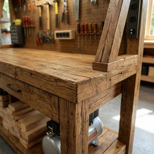 Op de afbeelding: Een rustieke houten werkbank met een pegboard achterkant en diverse gereedschappen. De werkbank is gemaakt van verweerd hout met zichtbare nerven en knopen. De gereedschappen omvatten hamers, schroevendraaiers en zagen. Een luchtcompressor staat op de onderste plank.