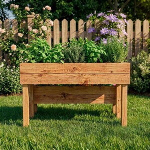 Op de afbeelding: Een verhoogde houten plantenbak gevuld met diverse groene kruiden, geplaatst op een gazon. De rechthoekige plantenbak heeft een natuurlijke houten afwerking en wordt ondersteund door vier stevige poten. Een houten hek en bloeiende planten zijn op de achtergrond.