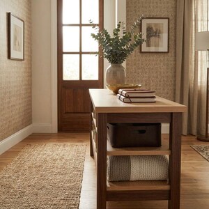 May include: A wooden kitchen island with a light wood top and dark wood base. The island has two shelves, one with a dark brown storage bin and the other with a folded blanket. A vase with greenery and books sit on top.