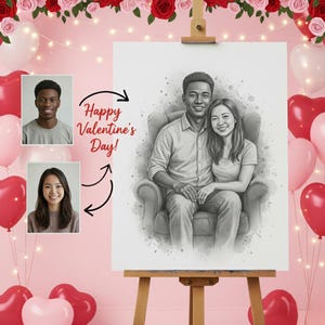 May include: A pencil sketch portrait of a smiling couple seated in a chair, displayed on an easel. The words "Happy Valentine's Day!" are written on the left. The background includes balloons and roses, creating a romantic theme.