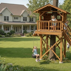 Op de afbeelding: Een houten boomhut met een schommel en een trap, gelegen in een groene tuin met een groot huis op de achtergrond. Verschillende kinderen spelen op de boomhut en de schommel. De boomhut is gemaakt van natuurlijk hout.