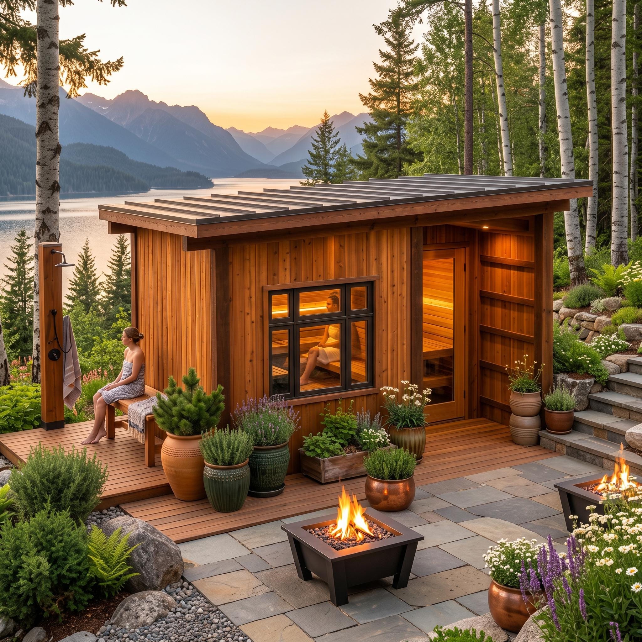 DIY Modern Outdoor Sauna Plans PDF | Backyard Blueprint With Window & Shower Porch | Digital Download — 3D exploded assembly view