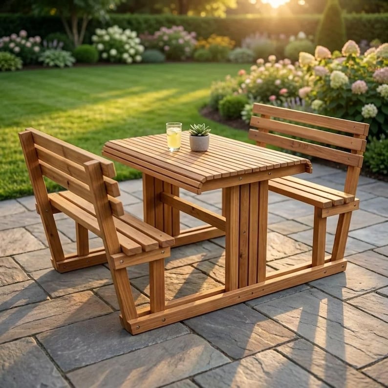 DIY DIY Picnic Table Plans | Outdoor Table with Backrest, Umbrella Hole (PDF Download) Woodworking Blueprint - Step-by-Step Plan thumbnail 1