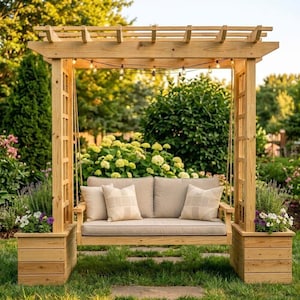 May include: A wooden pergola swing set featuring a bench seat with two beige cushions and two patterned throw pillows. The structure includes two integrated planter boxes at the base, side lattice panels, and a string of small lights hanging overhead.