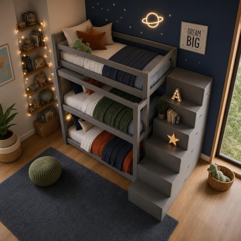 DIY DIY Triple Bunk Bed Plans PDF, 3 Tier Bunk Bed with Storage Stairs, Wooden Loft Bed Blueprint for Kids & Adults, Digital Download Woodworking Blueprint - Step-by-Step Plan thumbnail 6
