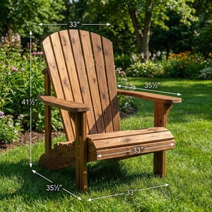 K&ouml;nnte beinhalten: Ein h&ouml;lzerner Adirondack-Stuhl mit nat&uuml;rlichem Finish, der im Freien auf einem Rasen steht. Der Stuhl ist 83,8 cm breit, 90,2 cm tief und 105,4 cm hoch. Er hat eine Lamellenlehne und breite Armlehnen.