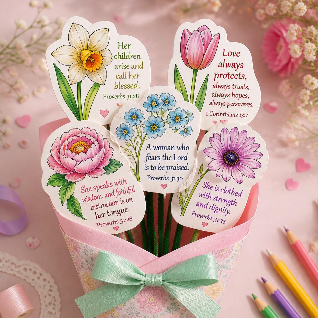 Christian Mother's Day Flower Coloring Craft | Bible Verse Printable Bouquet (PDF)