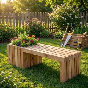 May include: A wooden bench with a built-in planter box filled with colorful flowers sits on a grassy lawn. A wooden toolbox with gardening tools is nearby. A wooden fence and lush garden surround the bench.