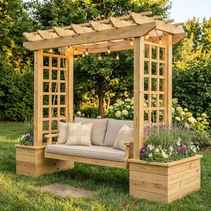 May include: A light brown wooden pergola swing with a lattice frame, featuring two integrated planter boxes at the base. The swing has a beige cushion and two patterned pillows, illuminated by a string of warm white globe lights hanging above.