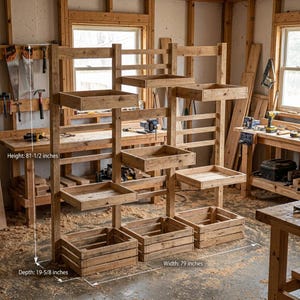 Op de afbeelding: Een rustieke houten stellingkast met meerdere planken en dozen. De kast is gemaakt van onbewerkt hout en heeft een hoogte van 207 cm, een breedte van 200.7 cm en een diepte van 49.8 cm. Het ontwerp omvat verschillende plankmaten en boxvormige opslag.