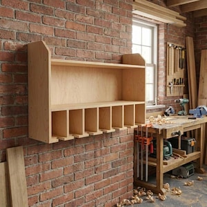 May include: A light-colored wooden wall-mounted storage unit featuring a wide top shelf and seven vertical dividers below, creating eight distinct compartments. The unit is constructed from smooth plywood with visible grain patterns.