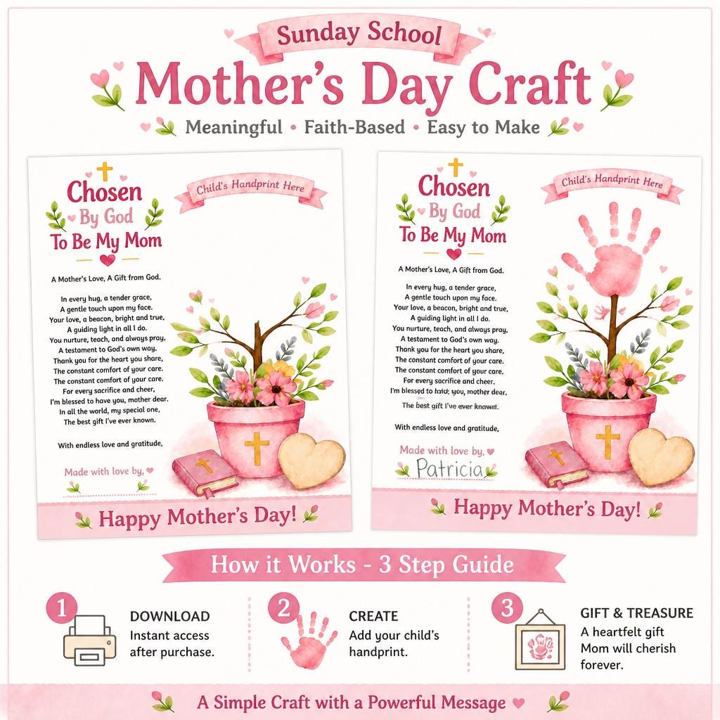 Christian Mothers Day Handprint Craft Printable | God Picked You Mom Keepsake | Bible Craft Kids Sunday School Gift PDF