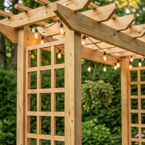 May include: A wooden pergola with a lattice side and string lights. The structure is made of light-coloured wood and has a hanging basket of greenery. The lights are small, round bulbs.