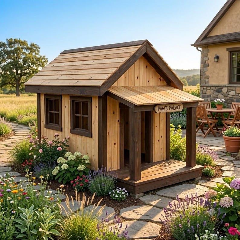 DIY Large Dog House Plans | Rustic Cabin Style Pet Kennel Blueprint (PDF Download) Woodworking Blueprint - Step-by-Step Plan thumbnail 1