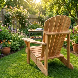 K&ouml;nnte beinhalten: Ein h&ouml;lzerner Adirondack-Stuhl steht auf einem gr&uuml;nen Rasen in einem Garten. Der Stuhl ist aus hellem Holz gefertigt und hat eine Lattenlehne und breite Armlehnen. Ein kleiner Tisch mit Werkzeugen und Baupl&auml;nen befindet sich im Hintergrund.