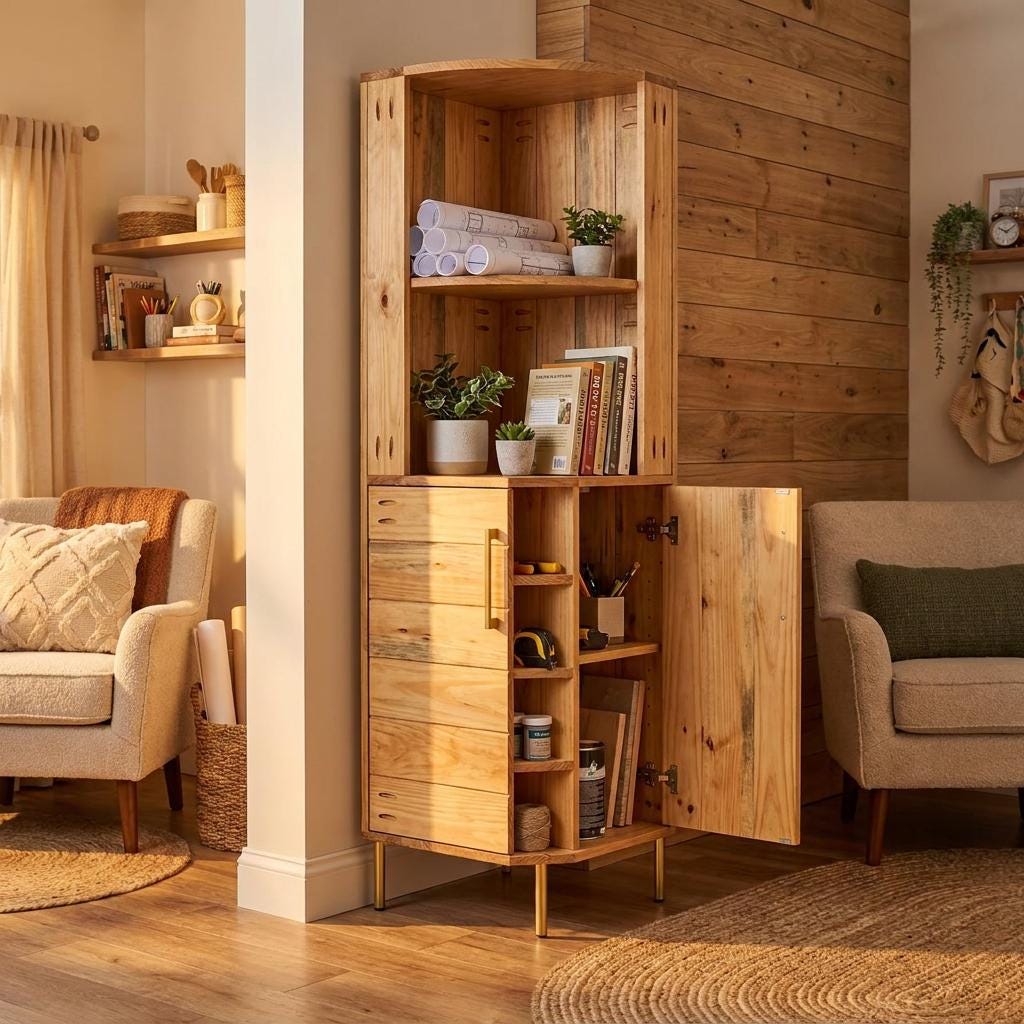 Corner Bookshelf Plans PDF | Modern Freestanding Bookcase Blueprint (Digital Download)