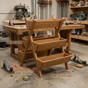 May include: A three-tiered wooden planter with a natural oak finish. The planter is 109 cm high, 76 cm deep, and 103 cm wide. The design features angled sides and an X-frame support, suitable for indoor or outdoor use.