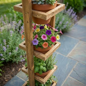 May include: A multi-tiered wooden plant stand holding terracotta pots filled with plants. The pots display vibrant petunias in pink, purple, yellow, and orange. The stand is outside, with a stone path and garden plants in the background. The stand is approximately 120 cm tall.
