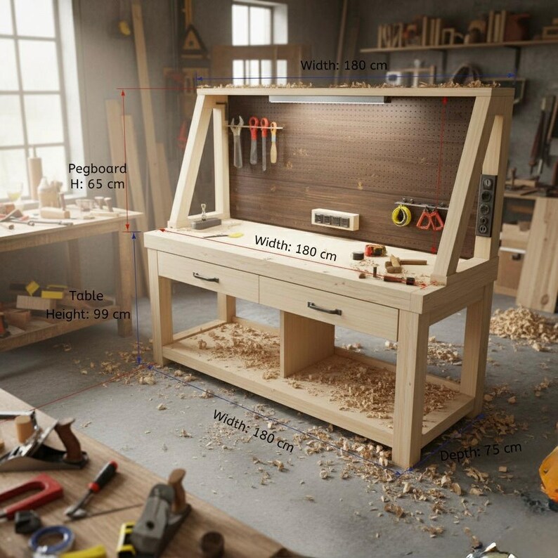 DIY DIY Workbench Plans with Drawers & Pegboard | Garage Workshop Woodworking PDF Download Woodworking Blueprint - Step-by-Step Plan thumbnail 5