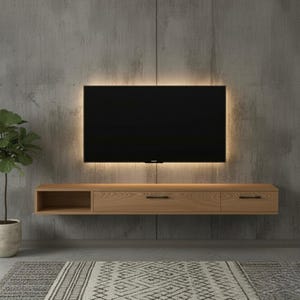 May include: A modern entertainment center featuring a large, black flat-screen TV with warm lighting. Below, a floating wooden console with drawers and an open shelf provides storage. The setup is against a textured gray wall, with a plant and rug in the foreground.