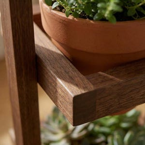 K&ouml;nnte beinhalten: Nahaufnahme eines Pflanzenst&auml;nders aus Holz mit einem Terrakottatopf mit einer gr&uuml;nen Pflanze. Der St&auml;nder hat eine dunkelbraune Oberfl&auml;che und ein schlichtes, modernes Design. Der Pflanzenst&auml;nder ist robust und gut verarbeitet.