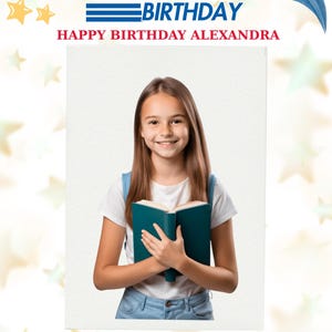 May include: A young girl holding a teal book, smiling at the viewer. The image has text that reads "HAPPY BIRTHDAY ALEXANDRA" and "YOU ARE INVITED TO MY BIRTHDAY". The background has star graphics.