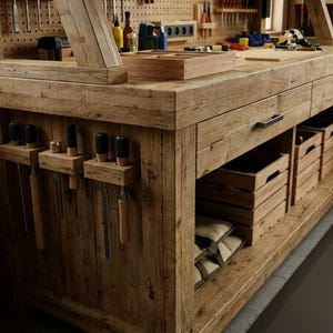May include: A large, rustic wooden workbench with drawers, shelves, and tool storage. The workbench features a pegboard, chisels, and wooden crates. The wood has a natural, weathered appearance, suggesting a workshop or craft space.