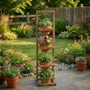 May include: A wooden plant stand with four shelves, each holding a terracotta pot with various plants. The plants include succulents, colourful flowers, and herbs. The stand is outdoors in a garden setting with a green lawn and a wooden fence in the background.