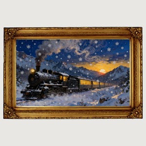 May include: A framed winter landscape painting depicts a vintage train traveling through a snowy mountain scene at sunset. The train is black with illuminated windows, and snowflakes fall against a blue and orange sky. The frame is ornate gold.