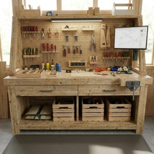 May include: A rustic wooden workbench with a pegboard back displaying various hand tools. The workbench has drawers, storage crates, and a mounted computer monitor. The tools include screwdrivers, pliers, and wrenches. The overall aesthetic is a well-organized workshop.