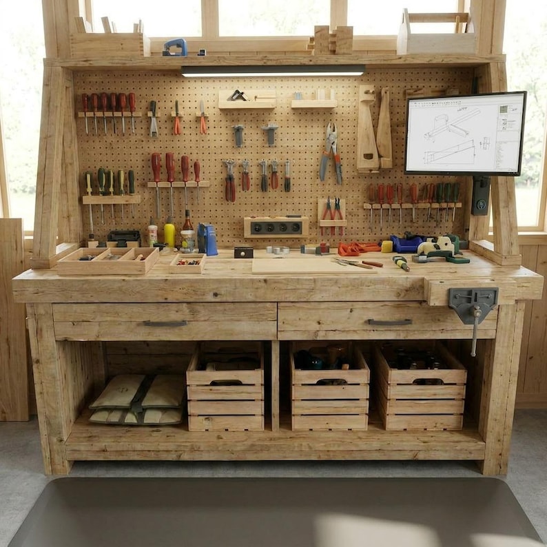 DIY Heavy Duty Workbench Plans | Shelves, Pegboard, Mobile Craft Table (PDF Download) Woodworking Blueprint - Step-by-Step Plan thumbnail 3